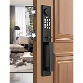 Tinewa Keyless Entry Door Lock with Lever, Full Escutcheon Smart Door Handle, Digital Keypad Deadbolt with App, Front Door Handleset with Single Cylinder Deadbolt and Lever, Auto Locking, Black Finish