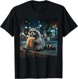 Raccoon Drinking Iced Coffee Animal Meme T-Shirt