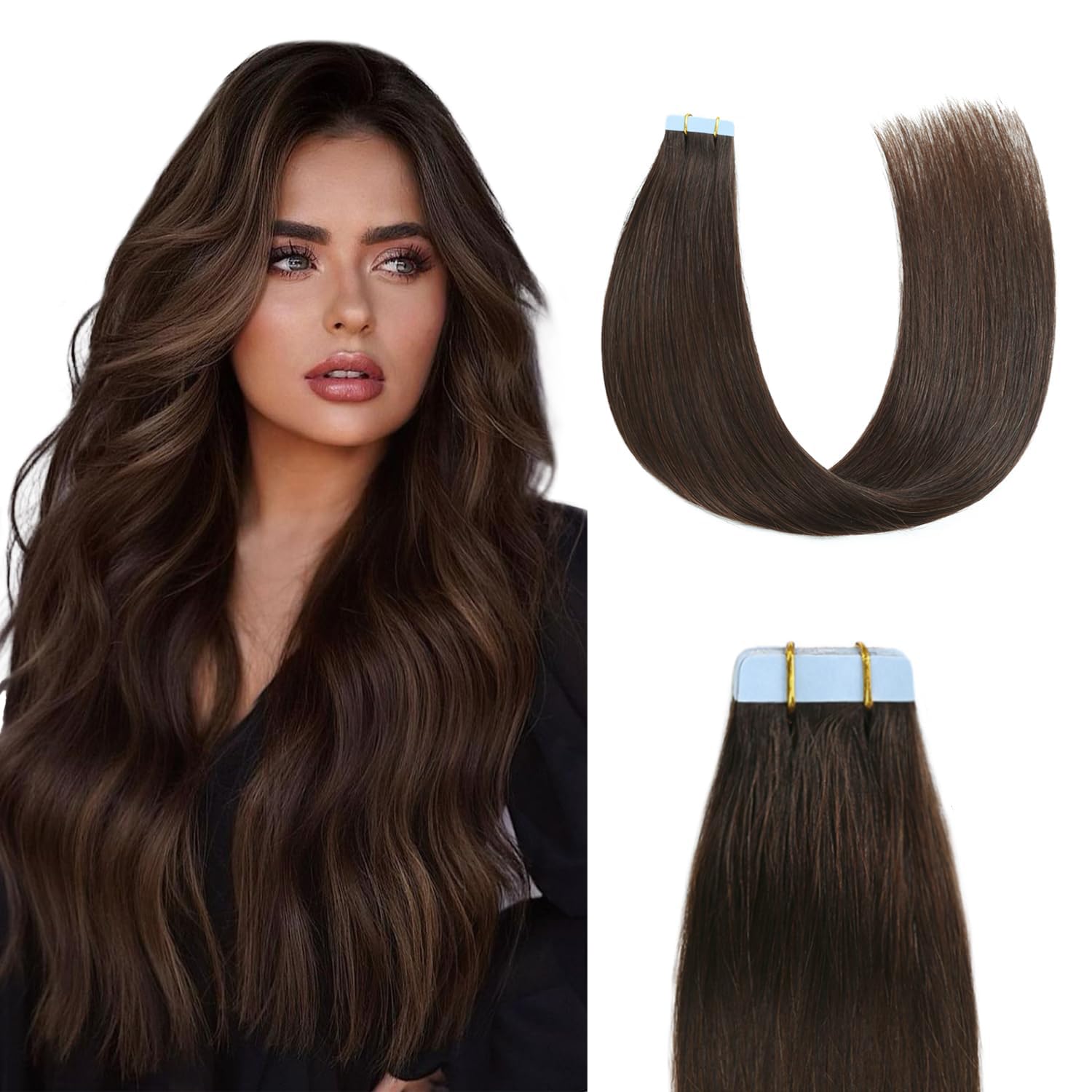 Sunya Tape in Hair Extensions Human Hair Invisible Tape Hair Extensions 14 inch Tape in Hair Extensions Dark Brown Straight Hair Extensions Tape in 40g 20pcs/Pack