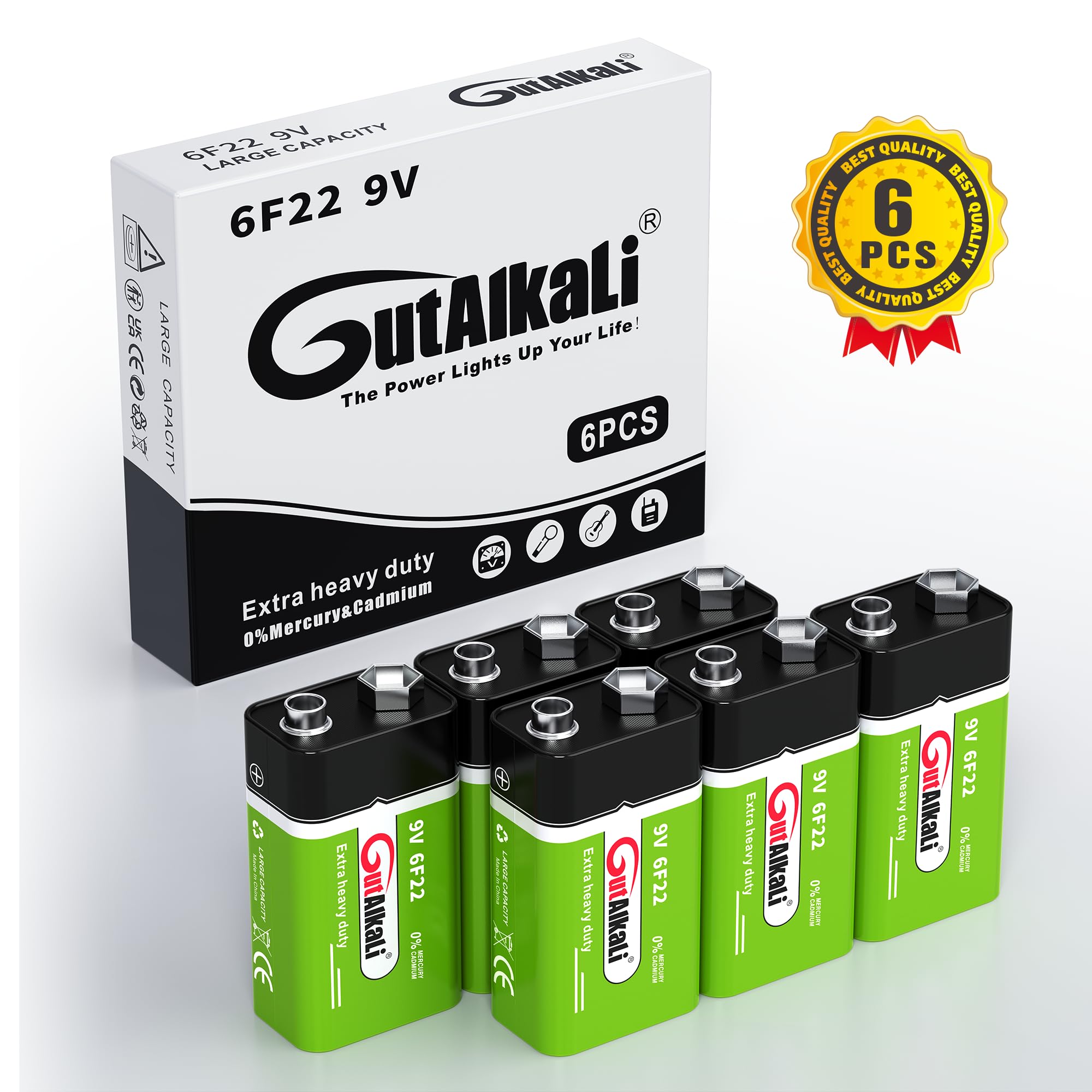 GutAlkaLi Batterien 9V Blockbatterie, 6 Stück, Longlife Power für Rauchmelder, Brand- & Feuermelder, Mikrofon 6lr61 6F22 PP3 MN1604 5