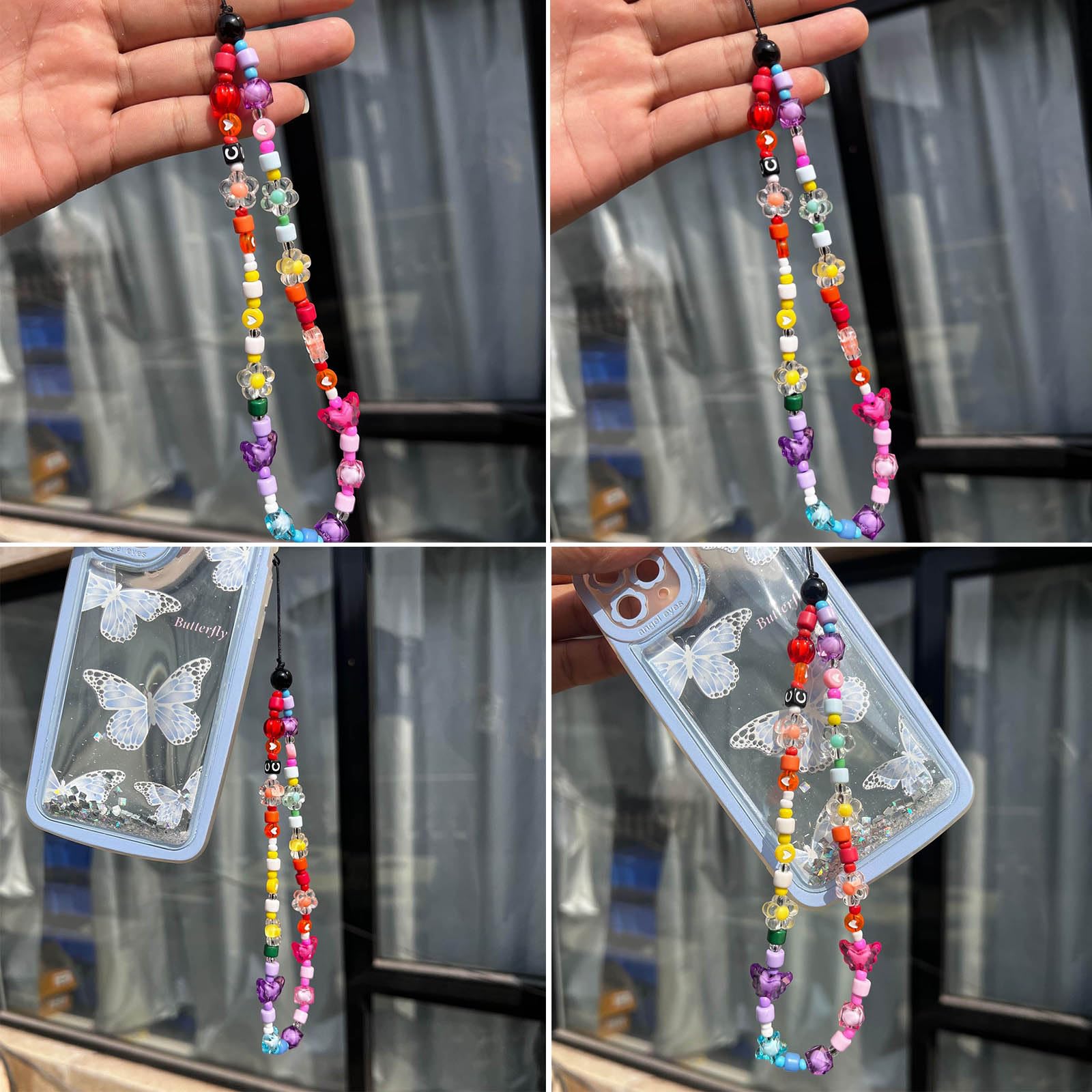 LIANXUE Phone Strap Lanyard With Butterfly Rainbow Beaded Chain for Girls - Acrylic Wrist Strap