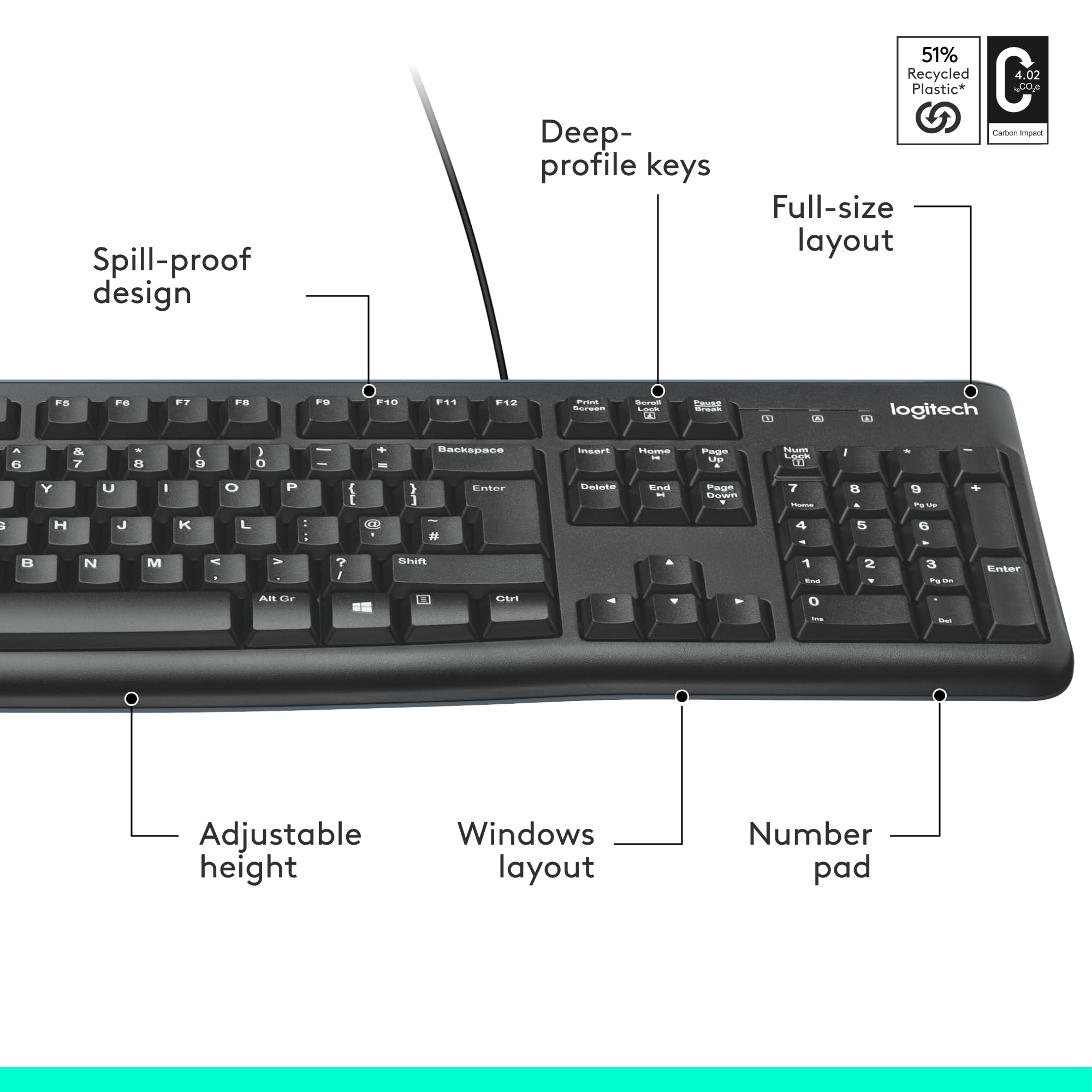 Logitech K120 Wired Keyboard for Windows, USB Plug-and-Play, Full-Size, Spill-Resistant, Curved Space Bar, Compatible with PC, Laptop, QWERTY UK English Layout - Black