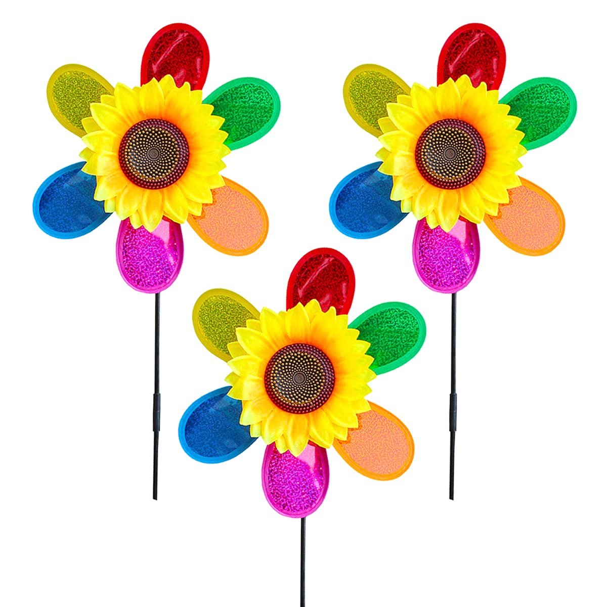 LUKDUNG 3 Pieces Wind Spinners, Sunflower Windmill, Colorful Sequin Wind Mill Outdoor Flower Pinwheels Garden Ornament, Bird Deterrent, Scarecrow