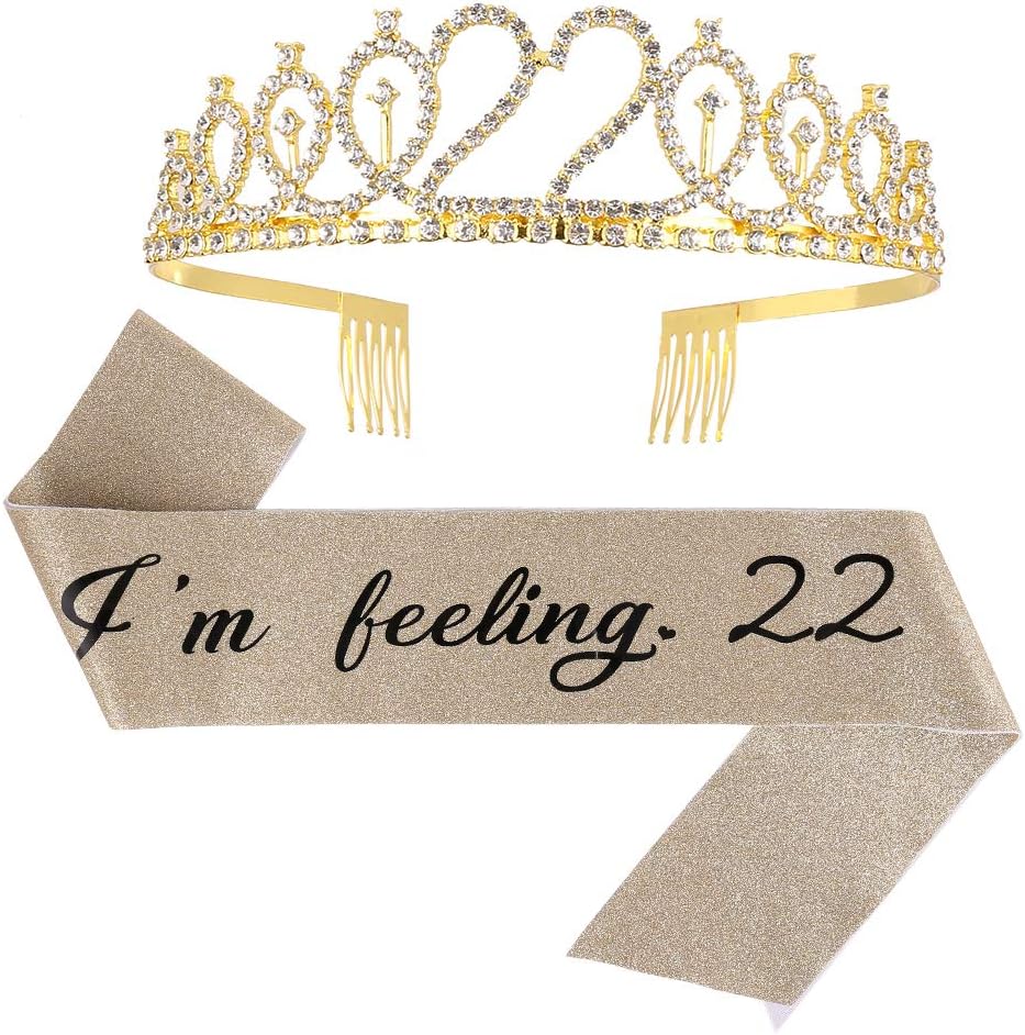 ruggito "Im Feeling 22" Sash & Rhinestone Tiara Set,22th Birthday Gifts Birthday Sash for Women Fun Party Favors Birthday Party Supplies