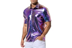 Arjen Kroos Mens 70s Disco Shirt Sequins Party Costume Short Sleeve Metallic Rave Button Down Shirts