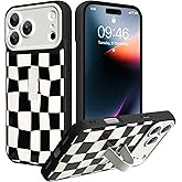 SOKAD for iPhone 17 Pro Max Case with Finger Strap Kickstand, Cute Checkered Checkerboard Phone Case with Finger Hand for Women Men, Slim Full Camera Protection Shockproof Cover, Black & White