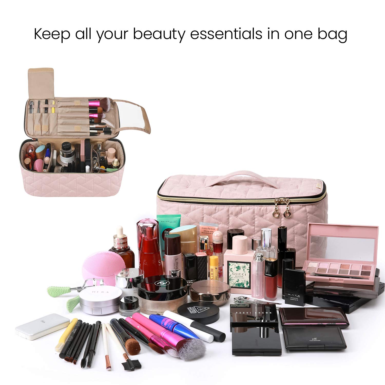 BAGSMART Makeup Bag Cosmetic Bag Large Toiletry Bag Travel Bag Case Organizer for Women, Soft Pink : Beauty