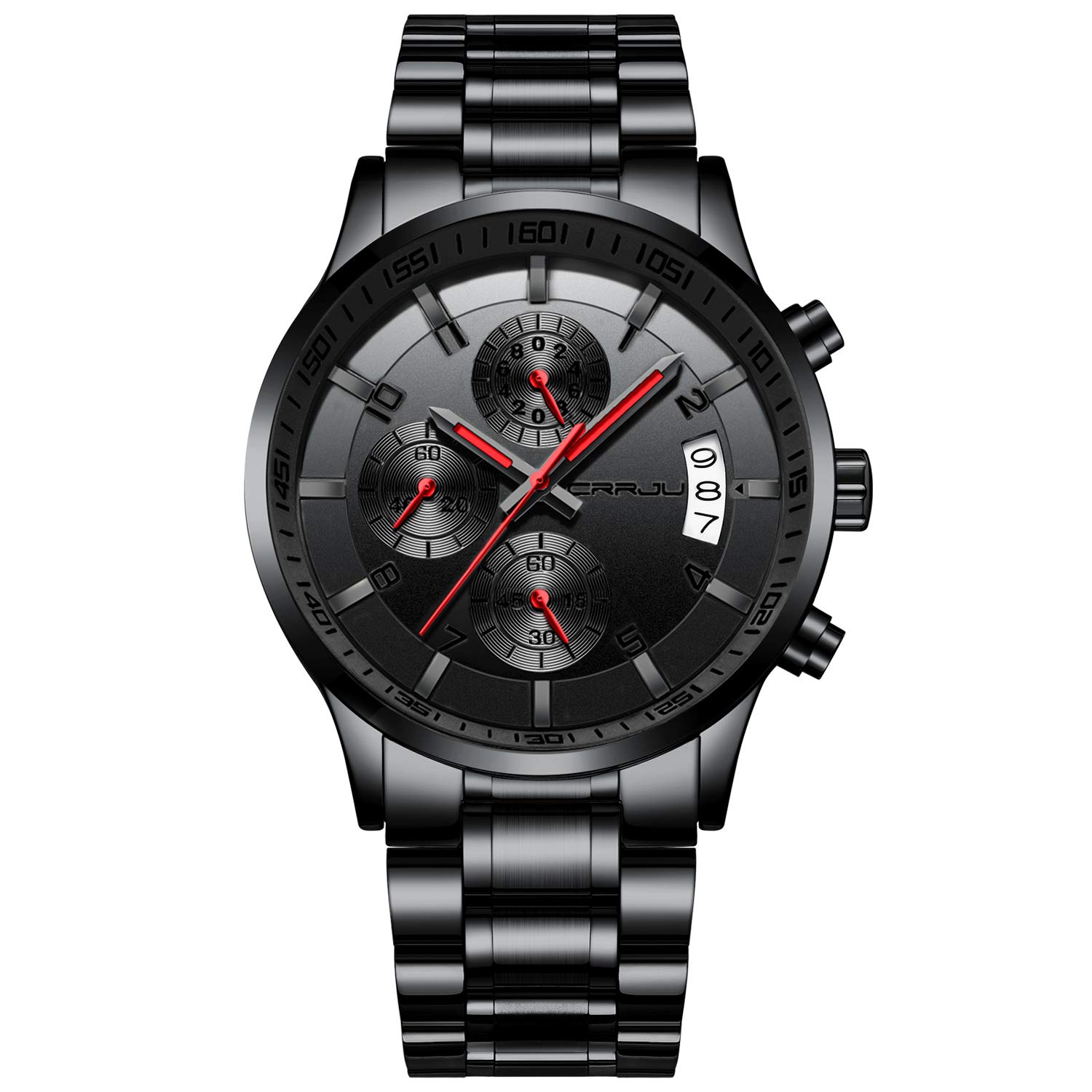 CRRJU Men's Business Watch, Stainless Steel, Waterproof Chronograph with Calendar, Stainless Steel Strap, Stopwatch, Analogue Quartz Watch, black red, Bracelet
