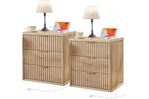 LEYAOYAO 23" Wide Fluted Farmhouse Night Stand Set of 2 with Charging Station, 3 Drawers Large End Table w/Metal Handle, Natural Nightstand Bedside Table,Wood Dresser for Bedroom, Closet