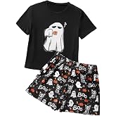 Laqeyko Cute Pajamas for Women Set Short Sleeve Tops and Shorts for Holiday | Womens Pajamas Perfect for the Holidays: Halloween, Christmas, and Valentine's Day.