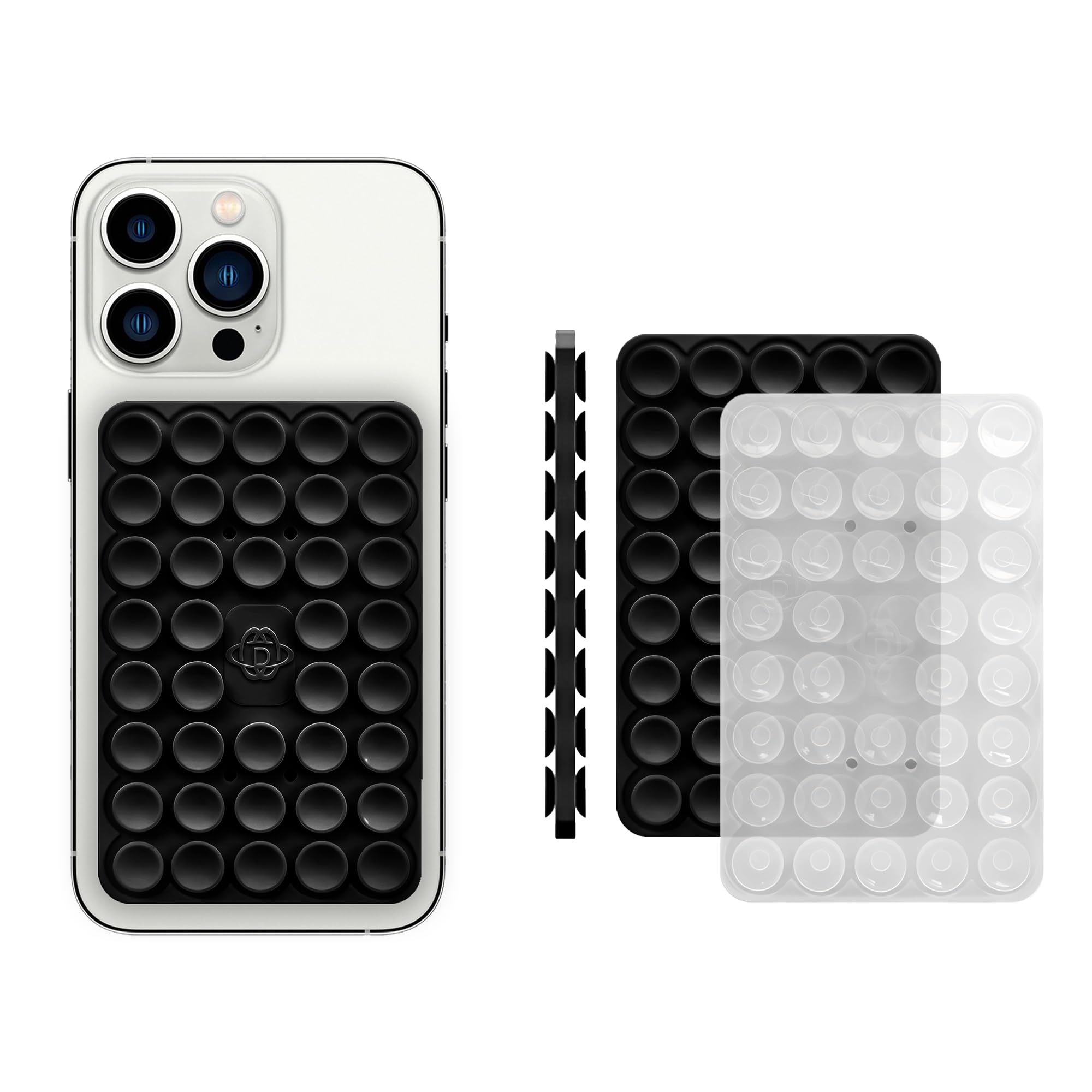 Mokiwala Silicone Double-Sided Suction Phone Case - Hands-Free, Reusable, Easy to Clean, Strong Grip Holder for Selfies & Videos - iPhone & Android Compatible (Black+Clear)