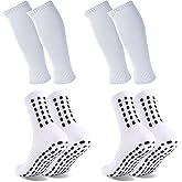 Barrlves 2 Set Grip Soccer Socks and Shin Guard Sleeves Non Slip Soccer Sleeve Socks for Men Women