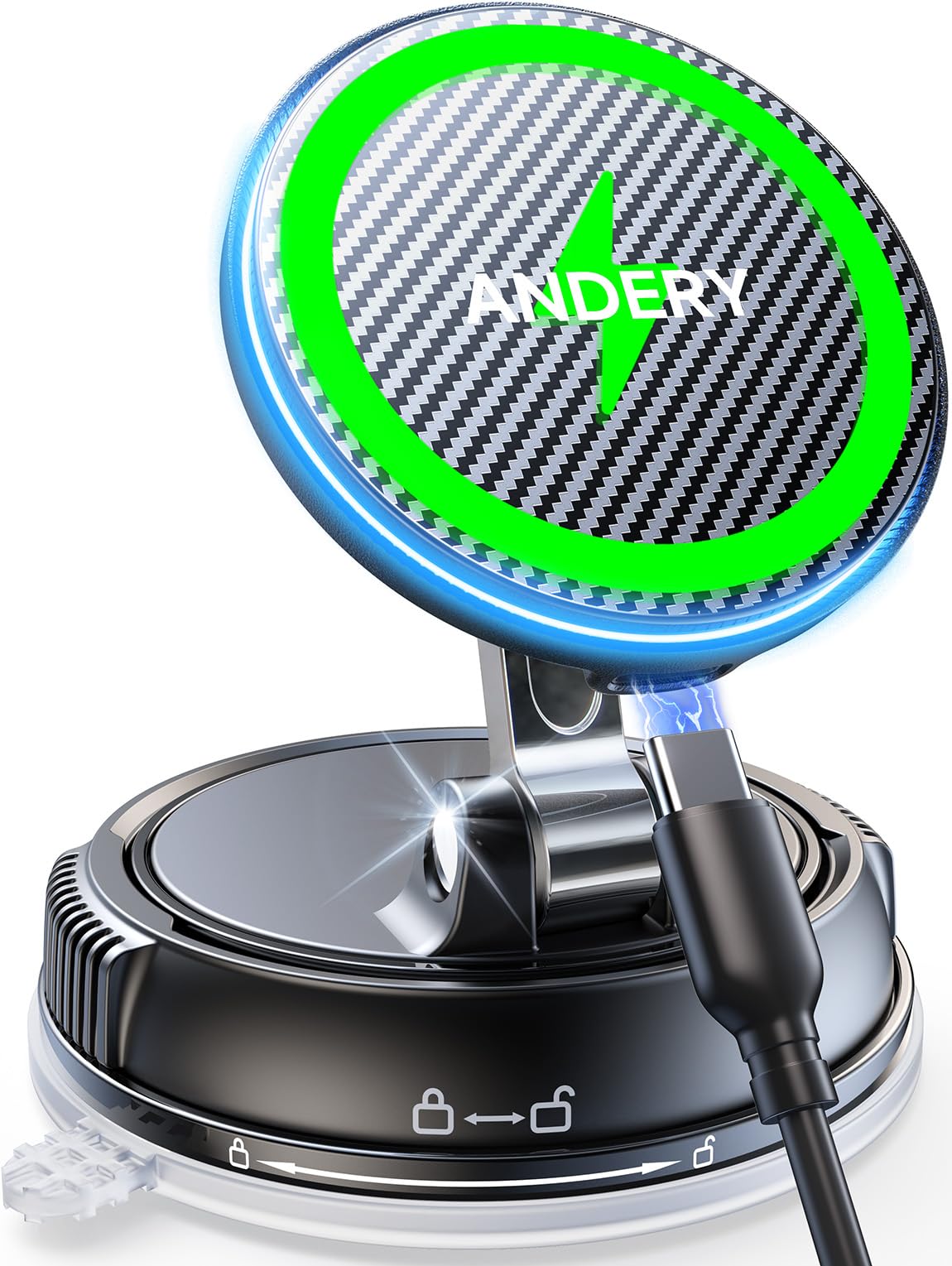 ANDERY Only for iPhone MagSafe Car Mount Charger [15W Fast Wireless Charging, 78+LBS Suction, 2400gf Magnetic] 360° Adjustable Car Phone Holder, Phone Holders for Your Car, Black