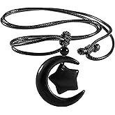 TUMBEELLUWA Star Moon Crystal Pendant Necklace with Adjustable Rope for Women Carved Natural Stone Necklace for Unisex