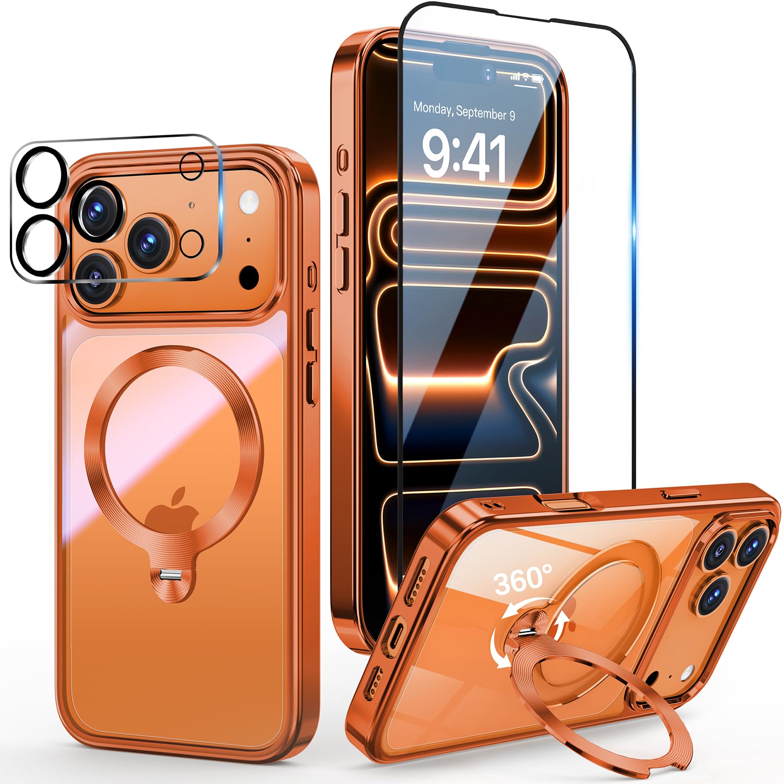 Photo 1 of [Tri-Shield Protection] for iPhone 17 Pro Max Case with 360° Spin Stand Compatible with MagSafe [Magnetic CD Ring][Screen & Camera Lens Protector]Shockproof Plating Never-Yellowing, Cosmic Orange-6.9"