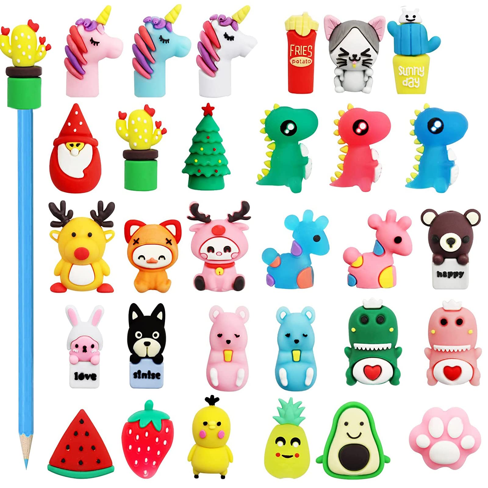 LONTOM 30 PCS Pencils Toppers for Kids, Novelty Silicone Animal Pencil Toppers Set, Cute Dinosaur Rabbit Unicorn Pencil Cap, Funny Gift for Homework Rewards School Supplies Party Bag Favors