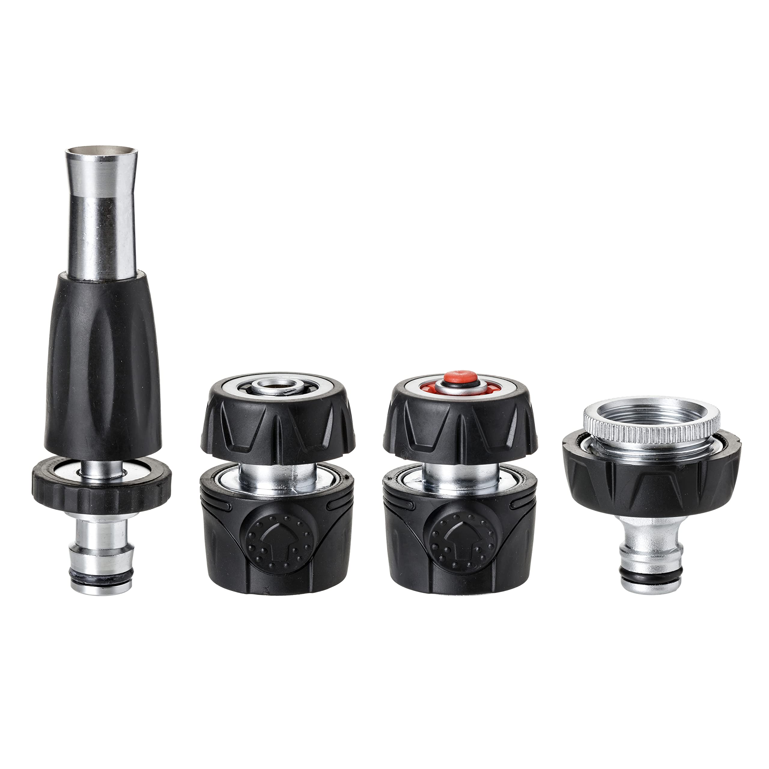 TATAY Complete Irrigation Kit (2P+ Nozzle 1 Standard Connector and 1 Stop + 3/4" -1" Fitting) for 1/2" (12.5mm) - 5/8" (15mm) Hoses Metal Soft, Stainless and Resistant to Corrosion, Silver - Black