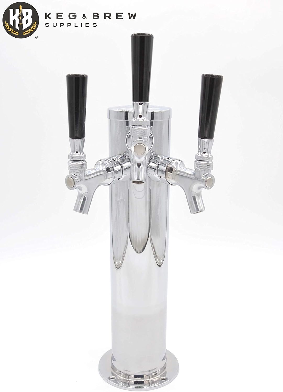 K&B Triple Faucet Draft Beer Kegerator Tower 3" - Customizable (Stainless Steel Faucet, Standard Black Plastic Tap Handle)