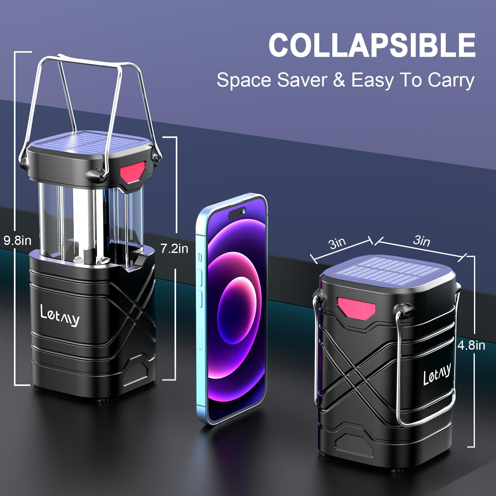 LETMY 4 Pack Camping Lantern, Rechargeable LED Lanterns, Solar Lantern Battery Powered Hurricane Lanterns Flashlight with 3 Powered Ways & USB Cable for Emergency, Power Outage, Hurricane Supplies