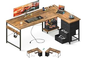 ODK 61'' L Shaped Desk with 4 Drawers, Reversible Corner Desk with Storage, Gaming Table with Power Outlets, USB Ports, Computer Desk for Home Office, Study, Easy Assembly, Vintage Brown