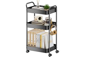 YASONIC 3-Tier Metal Rolling Cart, Sturdy Storage Utility Carts with Wheels, Multifunction Craft Art Organizer for Bedroom, L