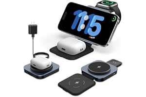 KEEPRO Upgraded 3 in 1 Wireless Charger for MagSafe, Magnetic Foldable Travel Fast Charging Station Pad Compatible with Apple Watch/Ultra (5W) iPhone 16/15/14/13/12 & AirPods Pro/4/3/2 (with Adapter)