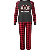 Deranex Women's Christmas Pajamas Sets Cute Gnome Graphic Long Sleeve Plaid Shirt and Pajama Pants Xmas Loungewear Set S-XXL