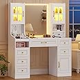 BTHFST White Vanity Desk with Touch Screen Mirror and Lights, Large Makeup Vanity with RGB Light Cabinets & Charging Station, 6 Drawers, 5 Jewelry Hooks, Vanity Table with Lighted Mirror