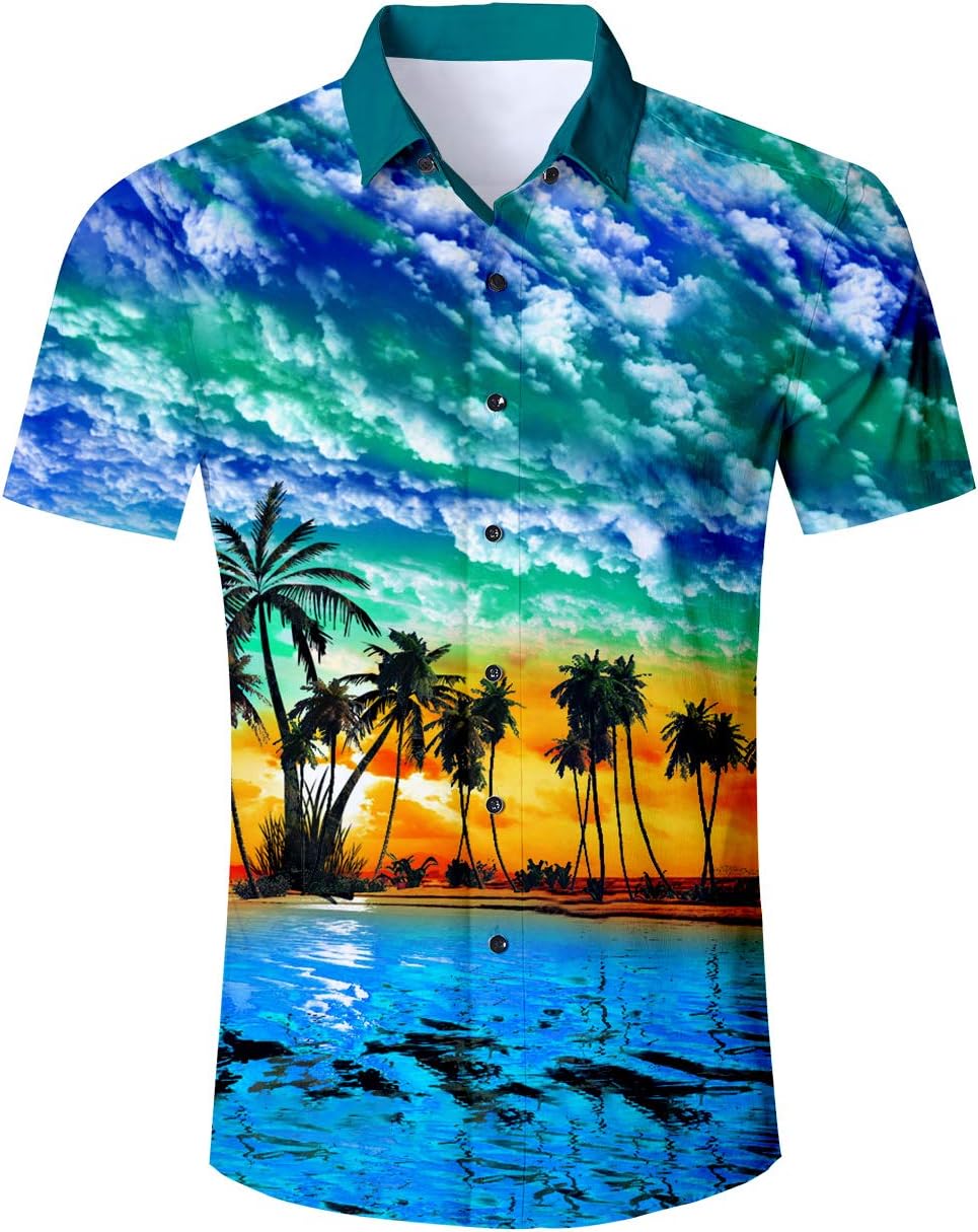Loveternal Short Sleeve Button Down Shirts for Men Hawaiian Flower Printed Aloha Shirt