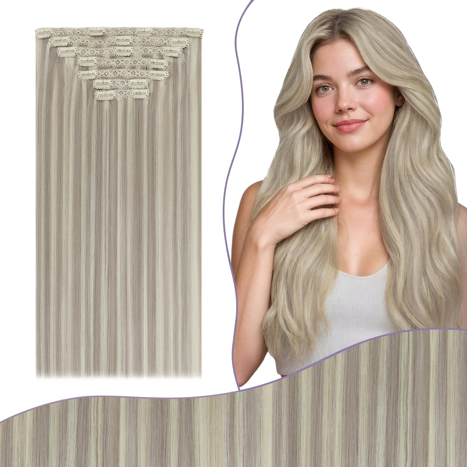 Fshine Blonde Clip in Real Hair Extensions Double Weft Clip in Human Hair Ash Blonde Highlight Clip in Hair Extensions Remy Natural Thick Clip Hair 7Pcs 135g 18 Inch