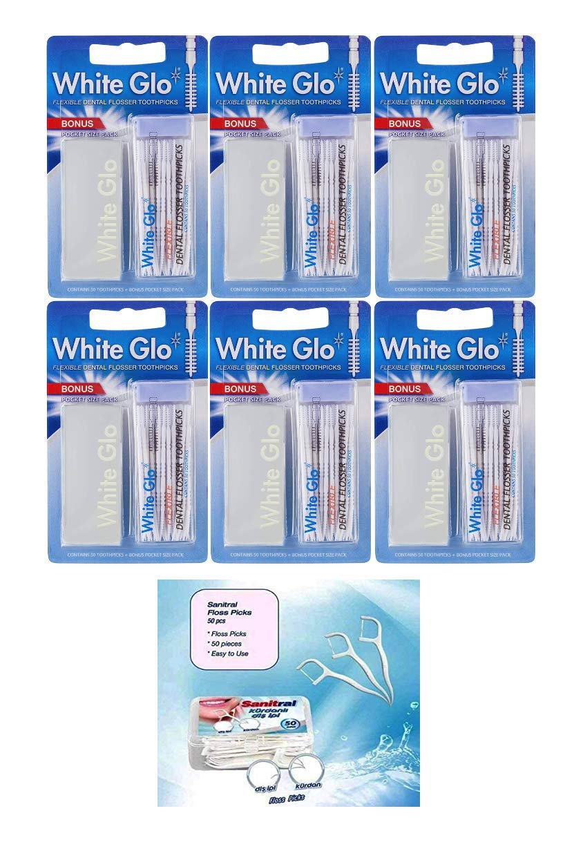 White Glo Flexible Dental Flosser Toothpicks (Pack of 6) with Sanitral 50 Pcs Dental Floss Stick Included as a Gift