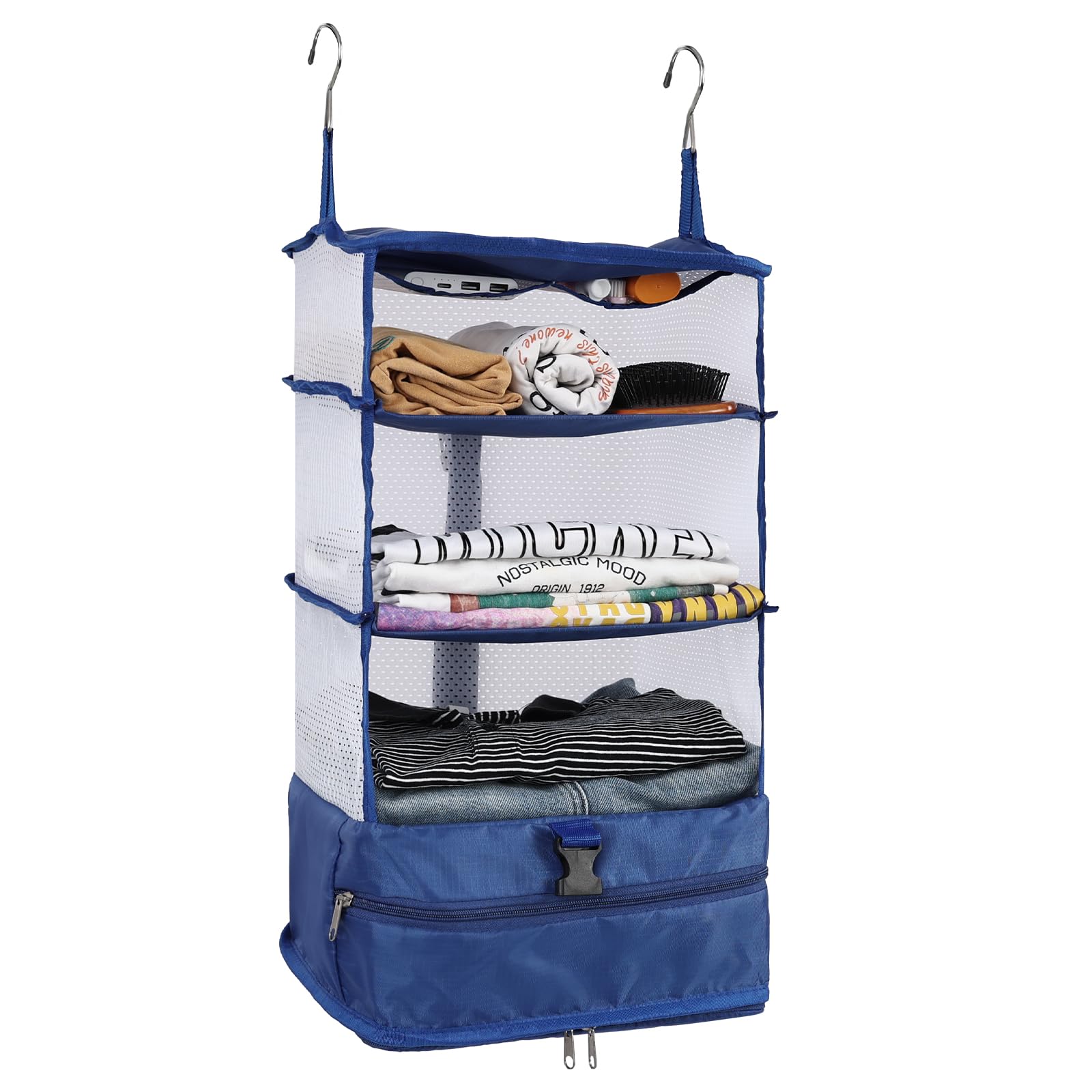 Surblue Hanging 3-Shelf Closet Organizer Pocket Collapsible Washable Oxford Fabric with 2 Hooks Blue L