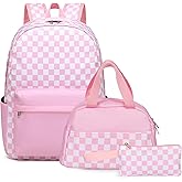 YAOLEOMG Checkered Backpack,Kids Backpack for Girls,School Bookbags Childs Back to School Bag with Lunch Box (3 in 1 Pink/White)