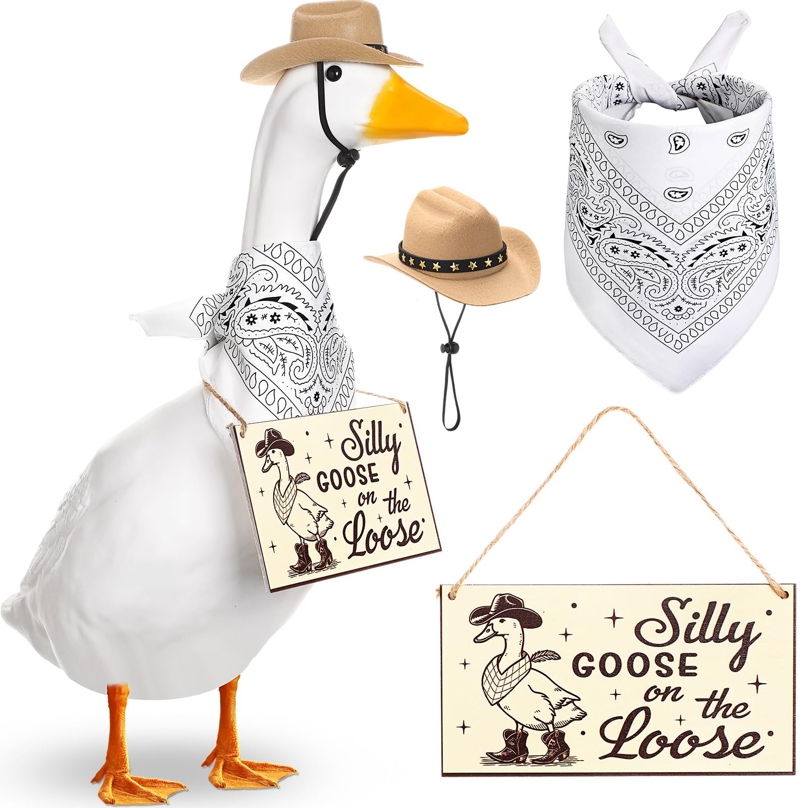 Photo 1 of Silicherry Funny Porch Goose Decoration Set Silly Goose on The Loose Hangings Sign Cowboy with Outfit Cowboy Hat and Bandana for 23" Cement/Plastic Outdoor Statue Patio Yard Lawn Art (White,Khaki)