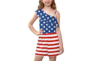BesserBay Girls 4th of July One Shoulder Rompers American Flag Ruffle Jumpsuits 5-14 Years