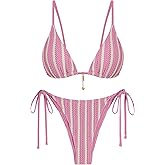 ZAFUL Crochet Bikini Sets for Women Cheeky Two Piece Bathing Suits Striped Brazilian High Cut Knit Swimsuit Tie for Vacation
