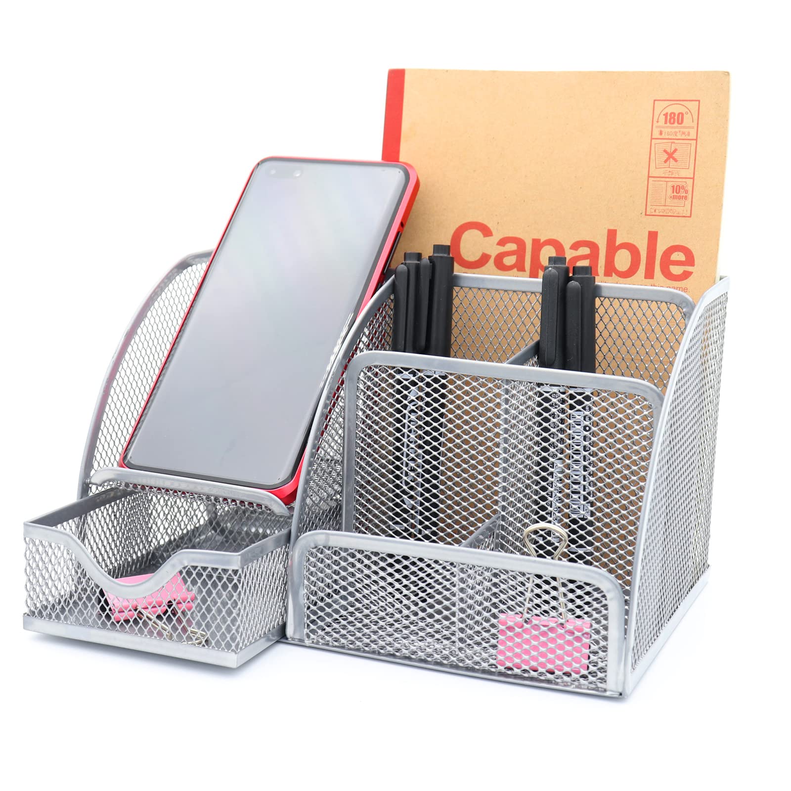 ZDZBLX Desk Organiser - Metal Mesh Pen Holder with Drawer - Pencil Organizer Pen Pot Desktop Storage, Multi-Functional Desk Tidy Accessories and Stationery Organizer for Home, Office, School, Silver