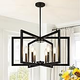 25" Modern Matte Black Chandelier for Dining Room, No Assembly Required Black Dining Room Light Fixture Over Table, Industria