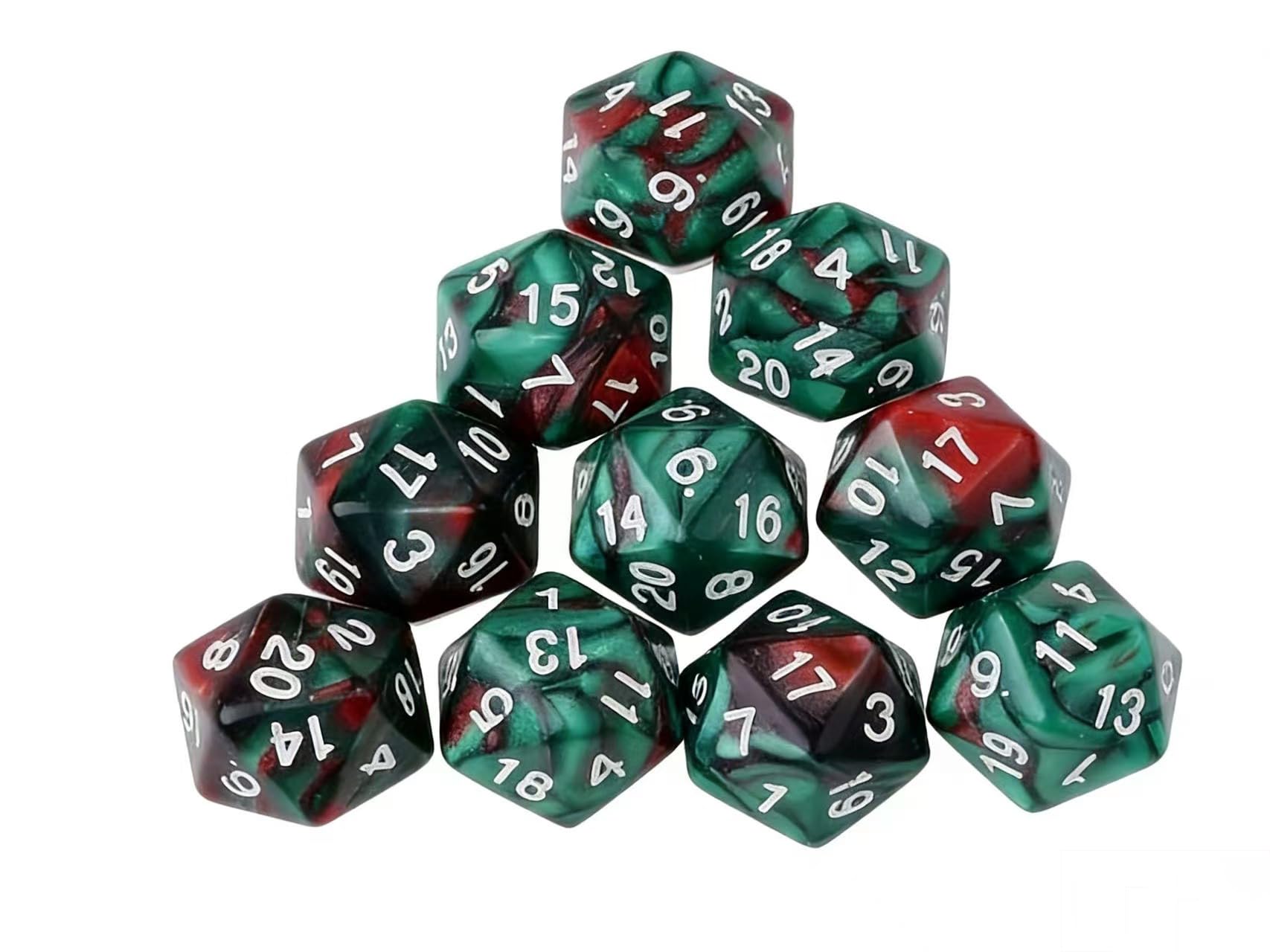Dzxin DND Game D20 Dice Set, 10PCS Polyhedral Dice D20 Dice 20mm Acrylic 20 Sided Dice Game Dice for RPG MTG DND Dice Table Games (Green+Red)