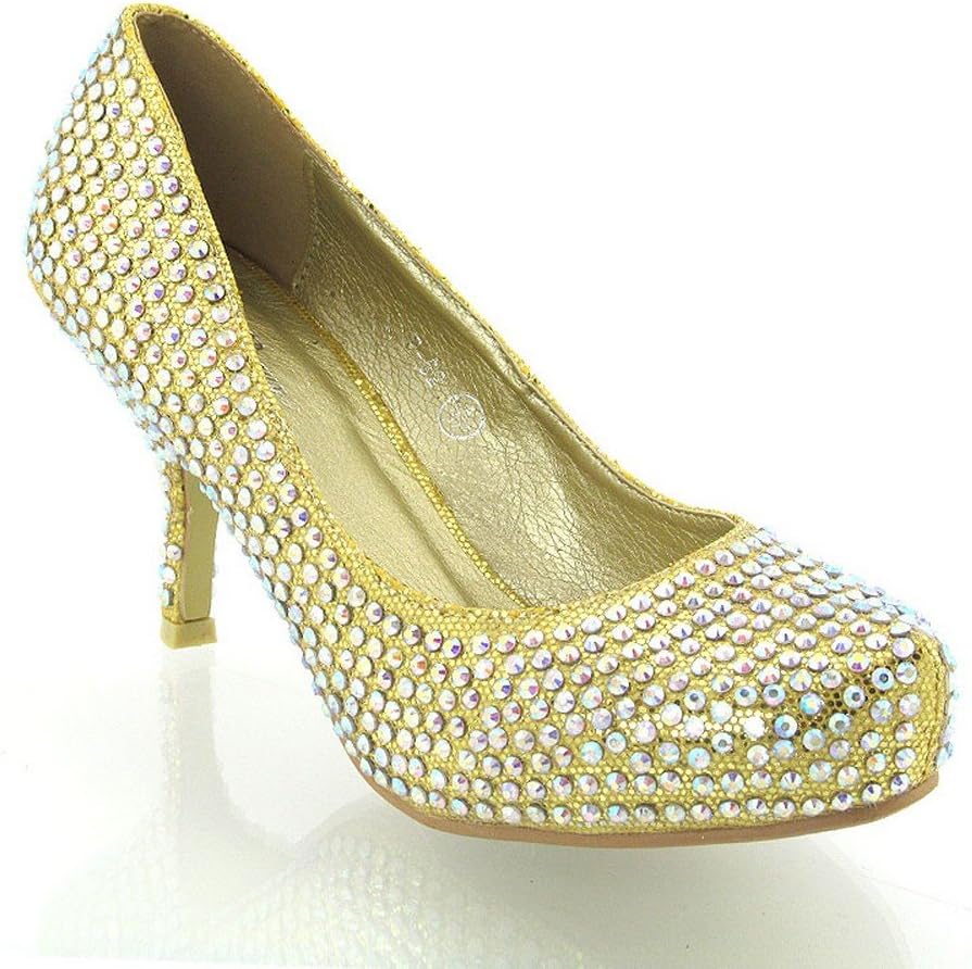 Womens Bridal Shoes Diamante Satin Kitten Low Heel Concealed Platform Slip On Pumps