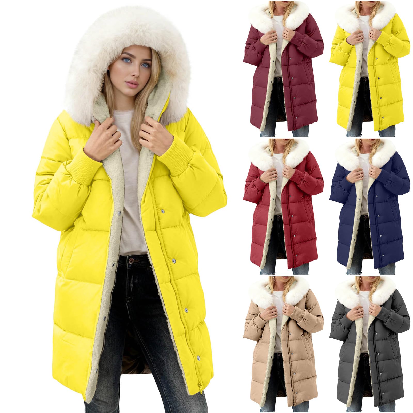 LJAVJZ Womens Winter Long Puffer Jacket, Thick Thermal Sherpa Fleece Lined Coats, Detachable Hood Waterproof Parka Outerwear