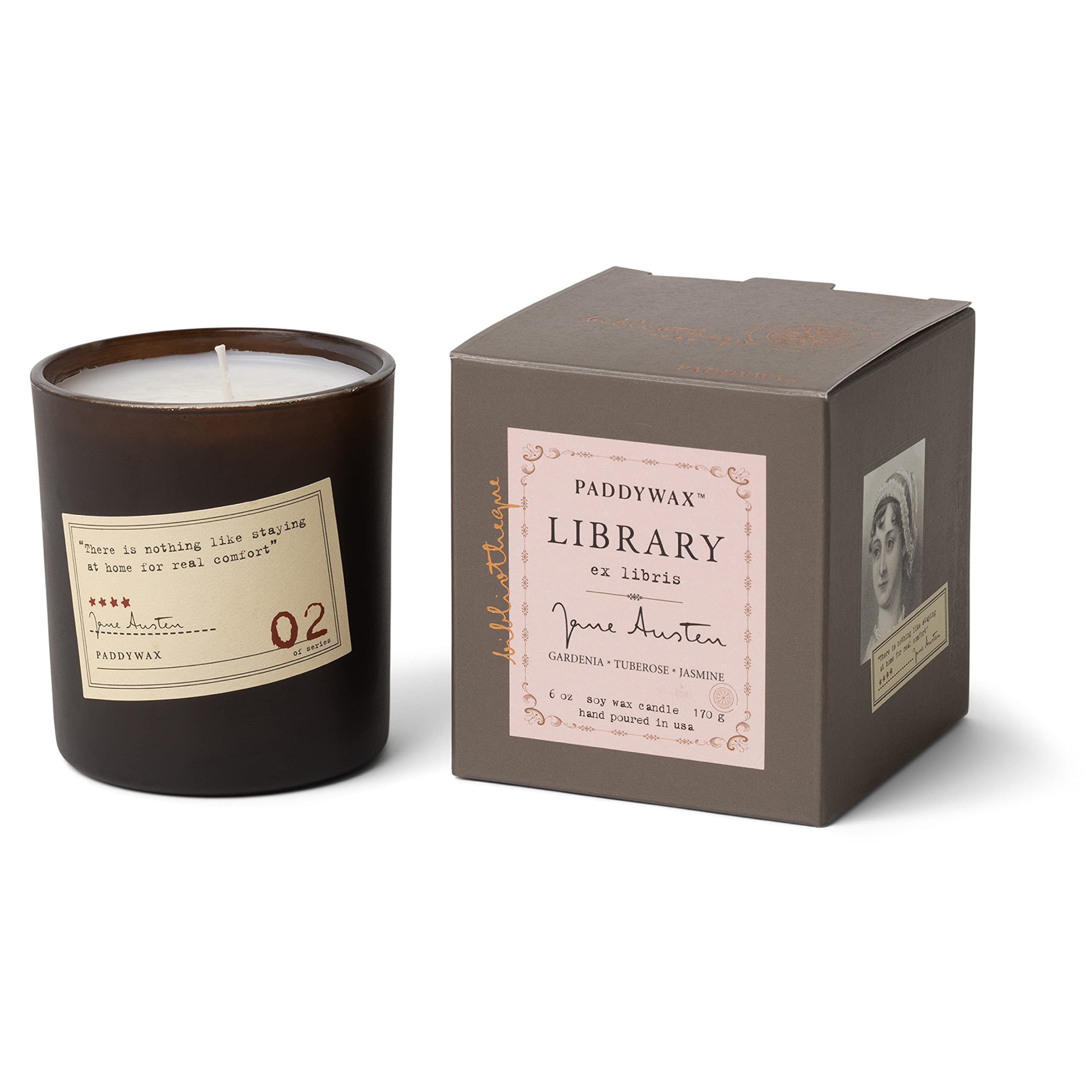 Paddywax Candles Library Collection Jane Austen Soy Wax Candle, 190ml (Gardenia, Tuberose, Jasmine), Jane Austen