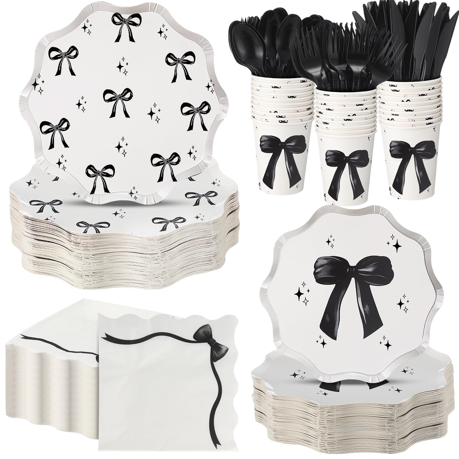 View 1 of ***MISSING PARTS***
Ziliny 350 Pcs Bow Black Party Supplies Tableware Set Disposable 9'' 7'' Paper Plates 9 oz Cups Cutlery Napkins Dinnerware Set for 1st Birthday, Serve 50 (Bow, Black)