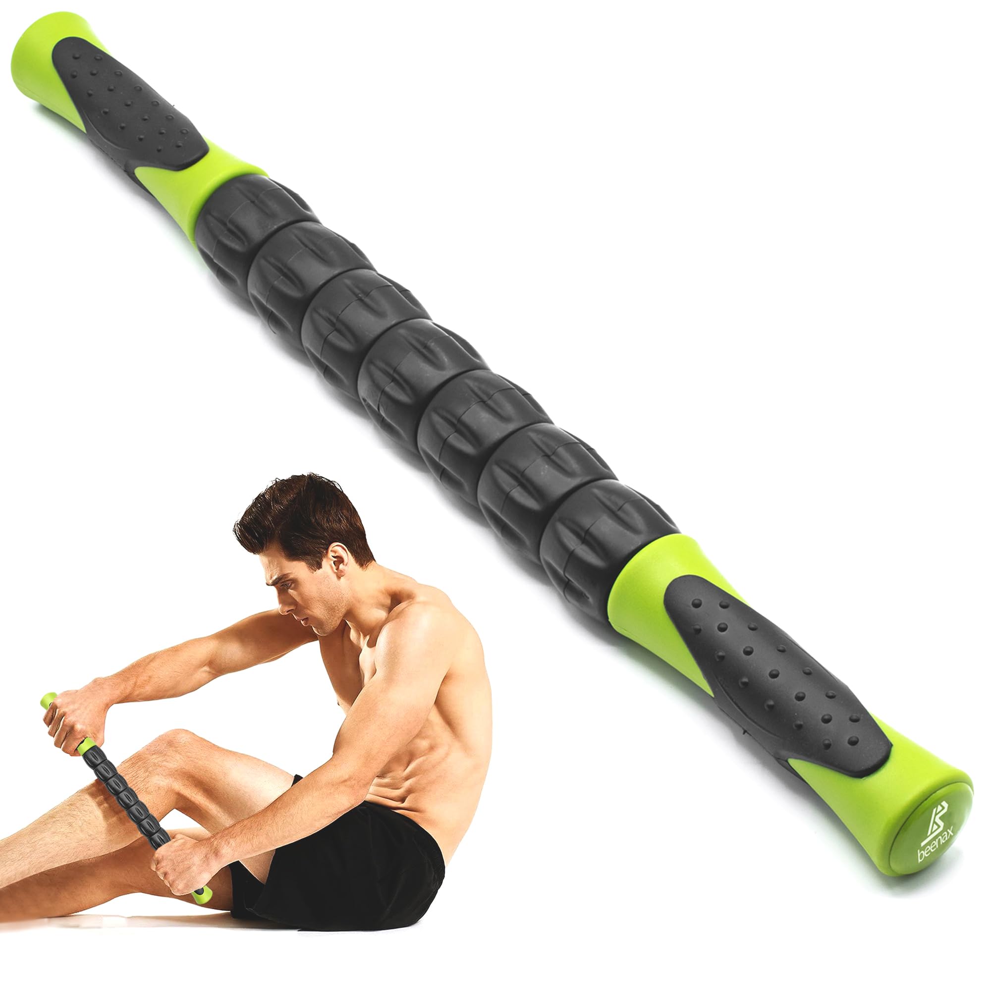 Beenax Muscle Therapy Massage Stick, 360° Tension Reduction - Ridged Gears for Trigger Points, Deep Tissue, Myofascial Release, Leg, Quads & Calf Tightness - Relieve Soreness, Cramps and Pain