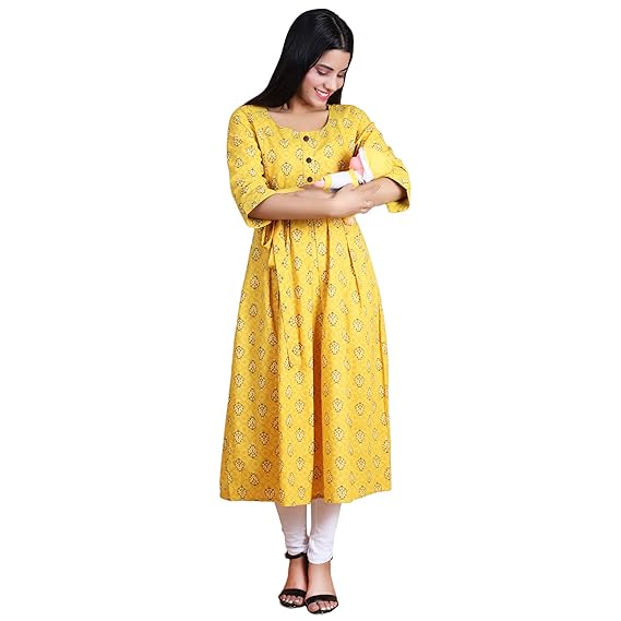 Women's 100% Cotton Maternity A-Line Kurta/Dress/Breastfeeding/Nursing/Easy Feeding kurti with Zip for Pre and Post Pregnancy (DF15_46, 3X-Large, Yellow)