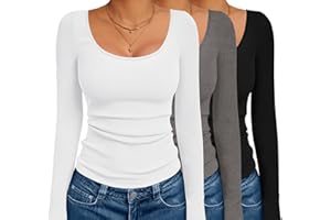 Ekouaer 3 Pack Long Sleeve Shirts for Women Scoop Neck Ribbed Thermal Tops Slim Fit Basic Undershirts XS-XXL