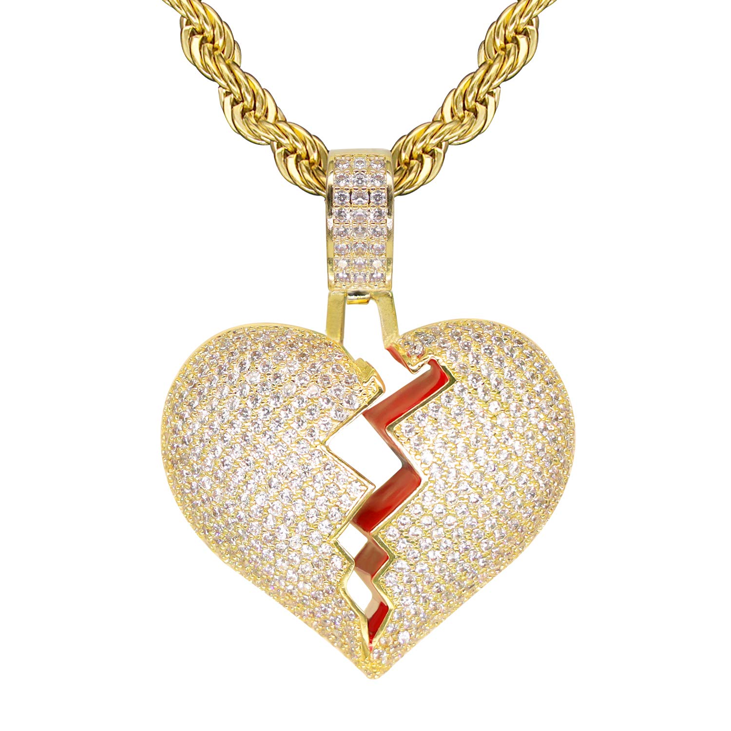 TSANLYBroken Heart Pendant Necklace Hip Hop CZ Fully Iced Out Bling CZ Diamond 24K White Gold Plated with 24" Stainless Rope Chain