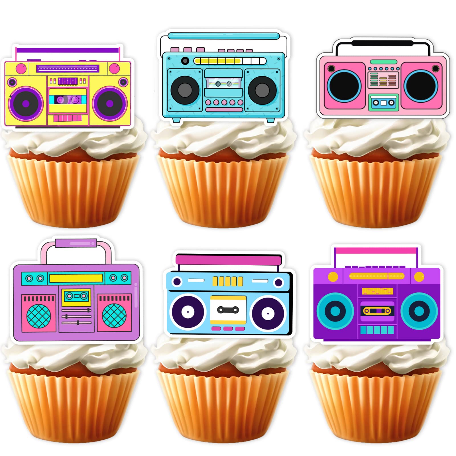 Photo 1 of 18pcs Colorful Glitter Retro Radio Dessert Cupcake Topper Retro Throwback 80s 90s Theme Decor Supplies Weeding Anniversary Happy Birthday Party Decorations