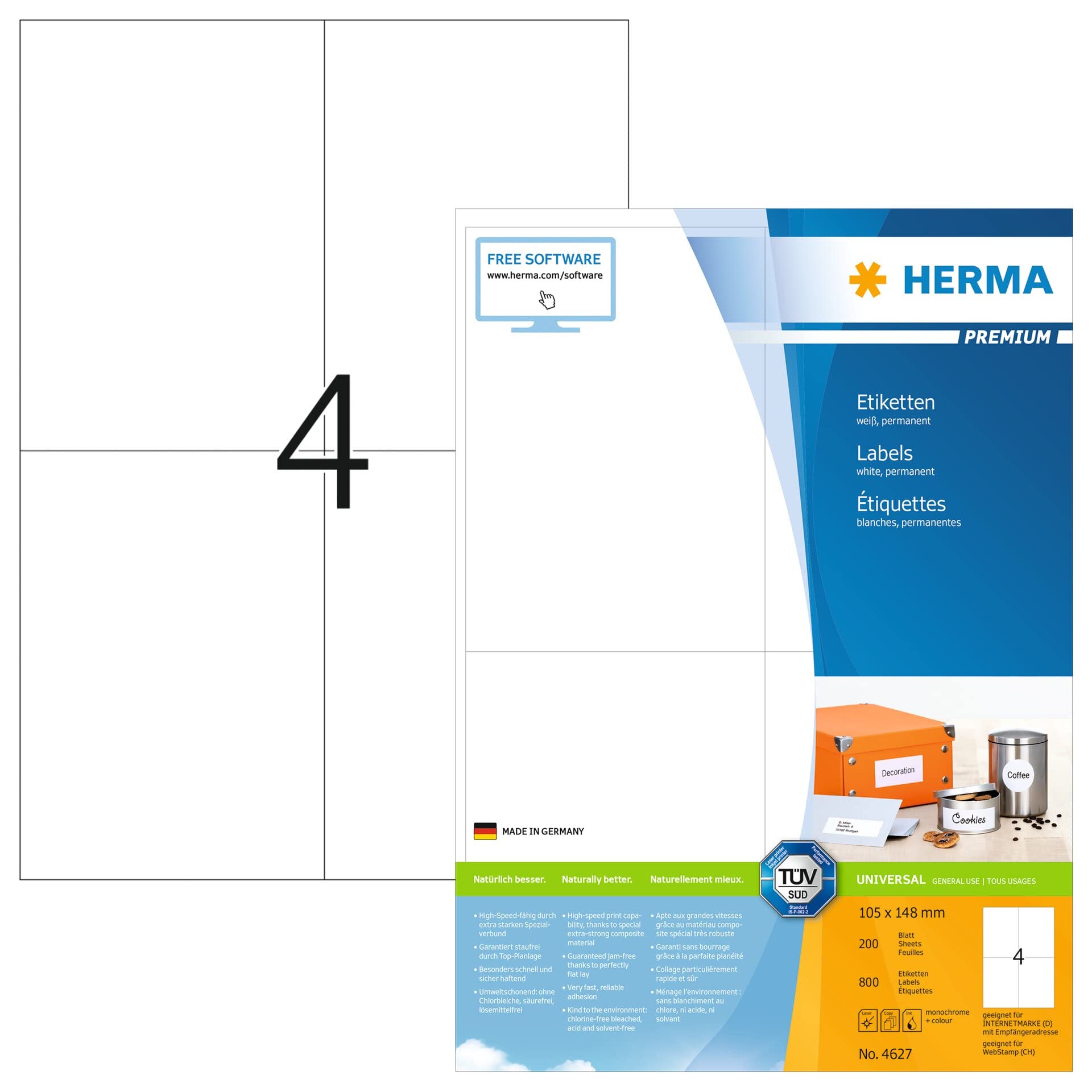 HERMA Self Adhesive Shipping Labels, 4 Labels per A4 Sheet, 200 Sheets, 105 x 148 mm, 800 Labels, Blank Parcel Labels Stickers, Sticky Labels for Laser & Inkjet Printer, White