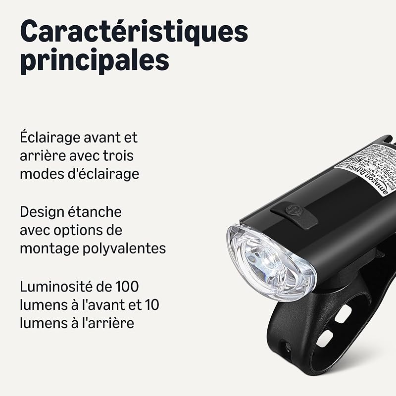 Set d'Éclairage Vélo LED avec Phare 100 Lumens et Feu Arrière 10 Lumens - Lampes de Vélo Étanches à 3 Modes avec Supports - Piles Incluses - Noir et Rouge